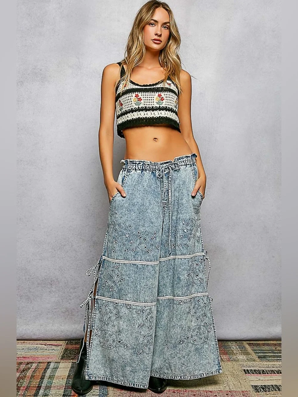 POL Light Blue Acid-Wash Embroidered Wide-Leg Jeans - Picture 4 of 8